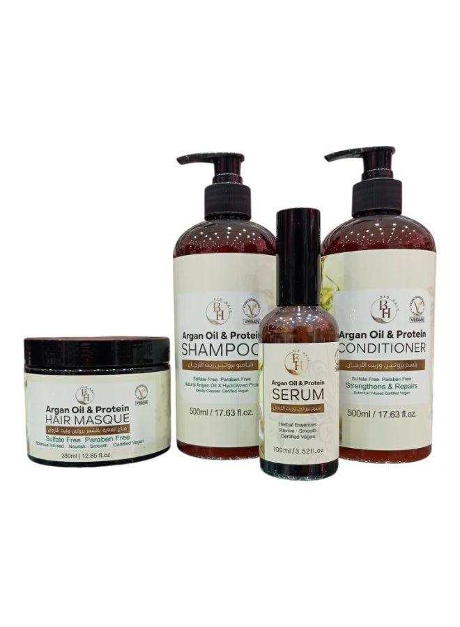 B.H Argan Oil & Protein Hair Care Set – Vegan, Sulfate-Free, Paraben-Free (Shampoo + Conditioner + Hair Masque + Serum) - Image 1